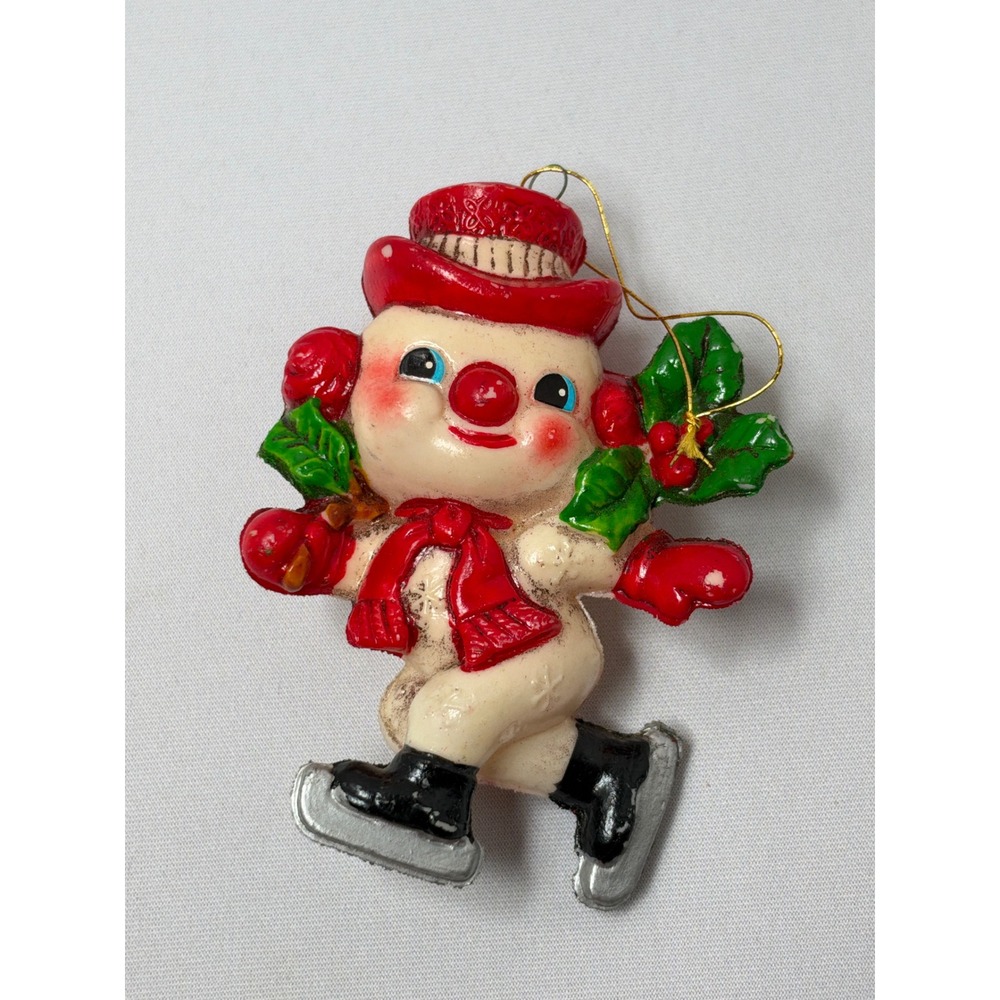 Vintage Ice Skating Snowman Ornament Japan Mid Century Christmas Plastic Kitsch